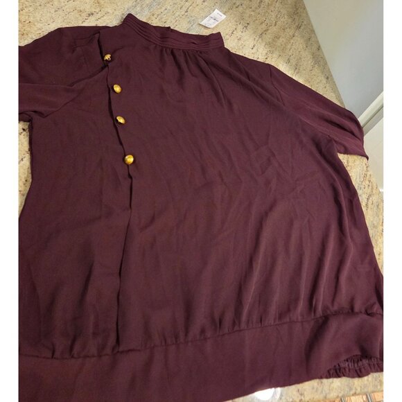 New! NY & Co Size L Burgundy Gold Side Button High Neck Blouse Old Money Smocked - Picture 7 of 15